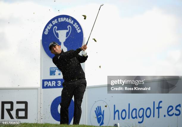 Pablo Larrazabal of Spain tees off the 9th hole during day two of the Open de Espana at Centro Nacional de Golf on April 13, 2018 in Madrid, Spain.