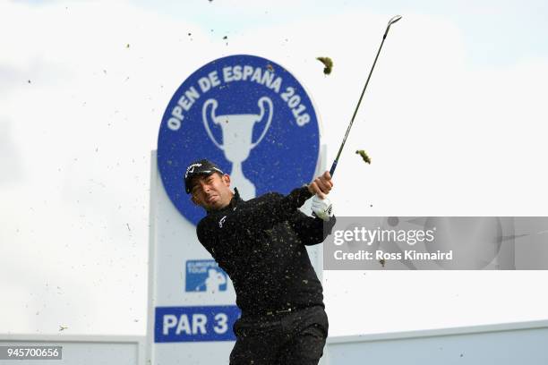 Pablo Larrazabal of Spain tees off the 9th hole during day two of the Open de Espana at Centro Nacional de Golf on April 13, 2018 in Madrid, Spain.