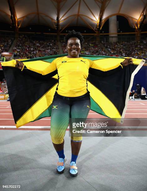 Danniel Thomas-Dodd of Jamaica celebrates winning gold in the Women's Shot Put final during athletics on day nine of the Gold Coast 2018 Commonwealth...