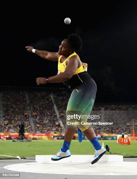 Danniel Thomas-Dodd of Jamaica competes in the Women's Shot Put final during athletics on day nine of the Gold Coast 2018 Commonwealth Games at...