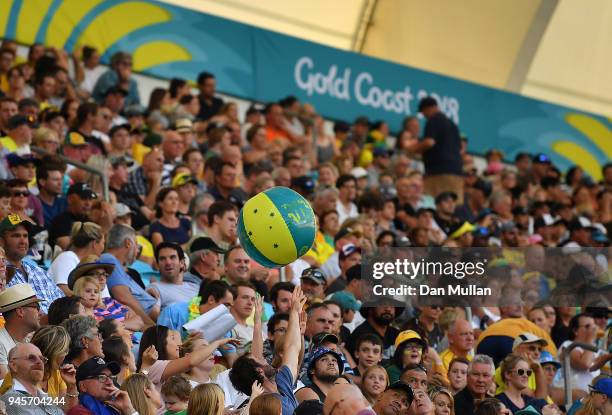 Spectators enjoy the atmosphere during the Rugby Sevens Women's Pool A match between New Zealand and Kenya on day nine of the Gold Coast 2018...