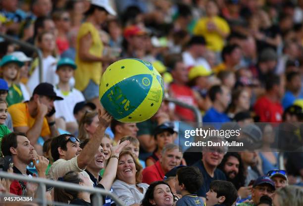 Spectators enjoy the atmosphere during the Rugby Sevens Women's Pool A match between New Zealand and Kenya on day nine of the Gold Coast 2018...