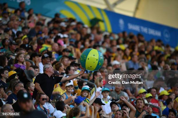 Spectators enjoy the atmosphere during the Rugby Sevens Women's Pool A match between New Zealand and Kenya on day nine of the Gold Coast 2018...