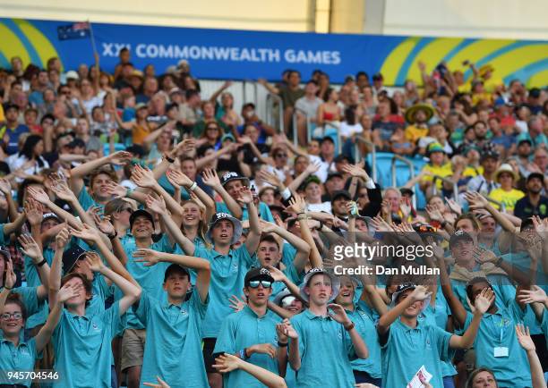 Spectators enjoy the atmosphere during the Rugby Sevens Women's Pool A match between New Zealand and Kenya on day nine of the Gold Coast 2018...