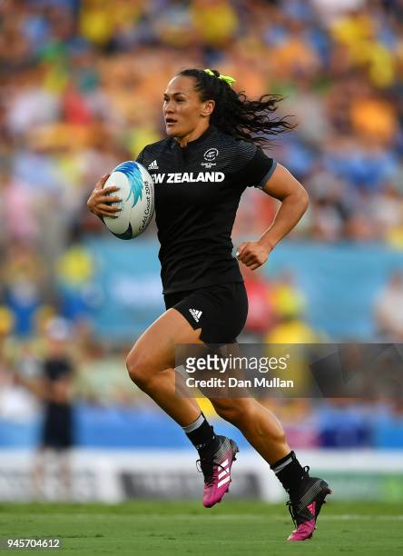 Portia Woodman of New Zealand makes a break during the Rugby Sevens Women's Pool A match between New Zealand and Kenya on day nine of the Gold Coast...