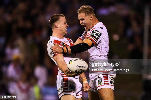 Euan Aitken of the Dragons celebrates scoring a try with Jack De Belin of the Dragons during the round six NRL match between the St George Illawarra...