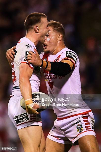 Euan Aitken of the Dragons celebrates scoring a try with Jack De Belin of the Dragons during the round six NRL match between the St George Illawarra...