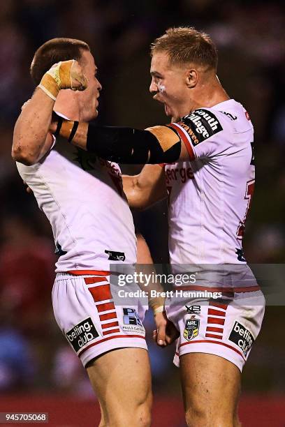 Euan Aitken of the Dragons celebrates scoring a try with Jack De Belin of the Dragons during the round six NRL match between the St George Illawarra...