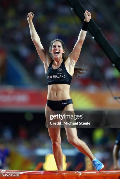 Eliza McCartney of New Zealand celebrates in the Women's Pole Vault during athletics on day nine of the Gold Coast 2018 Commonwealth Games at Carrara...