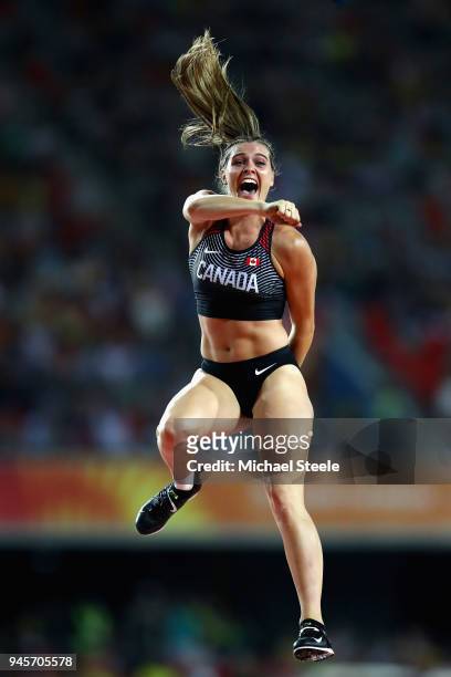 Alysha Newman of Canada celebrates in the Women's Pole Vault during athletics on day nine of the Gold Coast 2018 Commonwealth Games at Carrara...