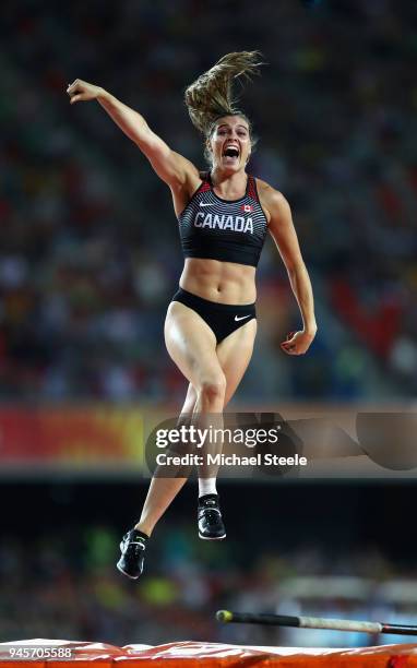 Alysha Newman of Canada celebrates in the Women's Pole Vault during athletics on day nine of the Gold Coast 2018 Commonwealth Games at Carrara...