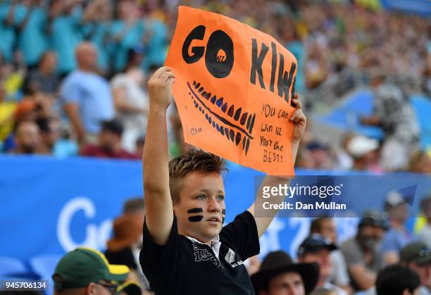 New Zealand fan shows his support during the Rugby Sevens Women's Pool A match between New Zealand and Kenya on day nine of the Gold Coast 2018...