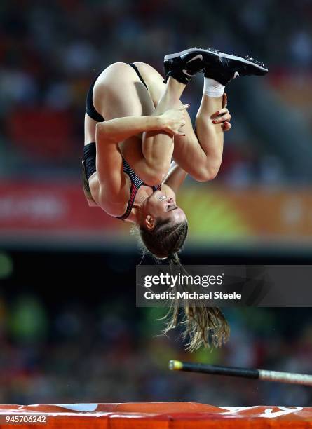 Alysha Newman of Canada celebrates with a somersault in the Women's Pole Vault during athletics on day nine of the Gold Coast 2018 Commonwealth Games...