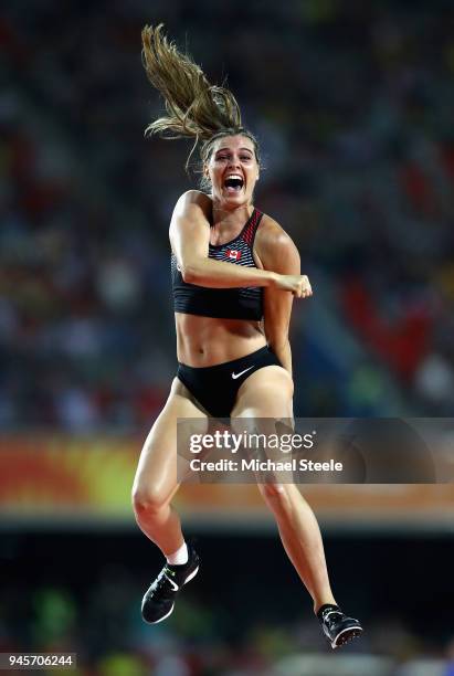 Alysha Newman of Canada celebrates in the Women's Pole Vault during athletics on day nine of the Gold Coast 2018 Commonwealth Games at Carrara...