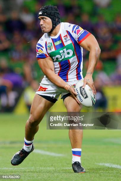 Sione MataÕutia of the Knights passes the ball during the round six NRL match between the Melbourne Storm and the Newcastle Knights at AAMI Park on...