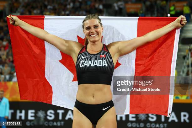 Alysha Newman of Canada celebrates winning gold in the Women's Pole Vault during athletics on day nine of the Gold Coast 2018 Commonwealth Games at...