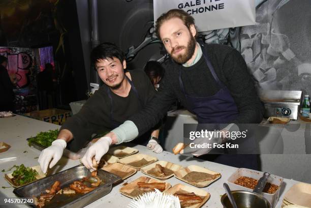 Chef Sota Atsumi and Chef Sven Chartier attend the Fooding: - Les Libres Echanges - at L'Aerosol on April 12, 2018 in Paris, France.