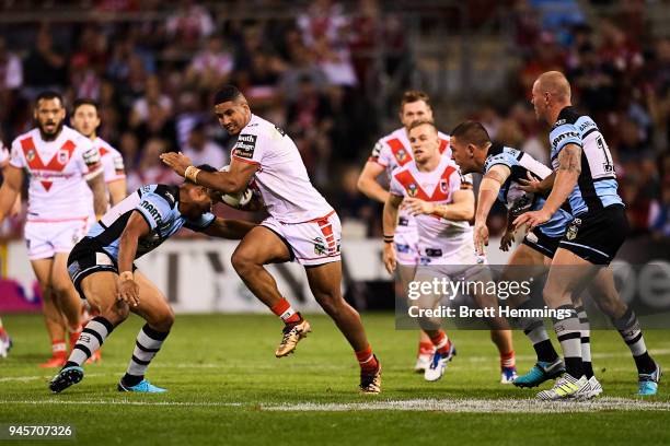 Nene MacDonald of the Dragons makes a break during the round six NRL match between the St George Illawarra Dragons and the Cronulla Sharks at WIN...