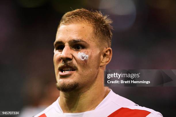 Jack De Belin of the Dragons looks on during the round six NRL match between the St George Illawarra Dragons and the Cronulla Sharks at WIN Stadium...