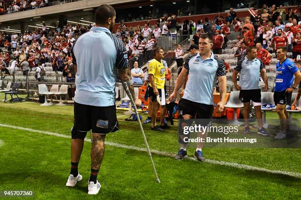 Andrew Fafita of the Sharks and Paul Gallen of the Sharks look on after defeat during the round six NRL match between the St George Illawarra Dragons...