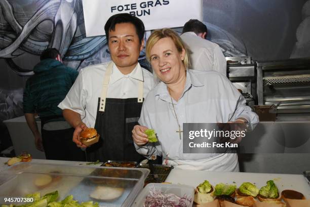 Chef Taku Sekine and Chef Helene Darroze attend the Fooding: - Les Libres Echanges - at L'Aerosol on April 12, 2018 in Paris, France.