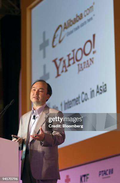 Masayoshi Son, chairman of Yahoo! Japan Corp., speaks at the GSMA Mobile Asia congress, in Macau, China, on Tuesday, Nov. 13, 2007. The Walt Disney...