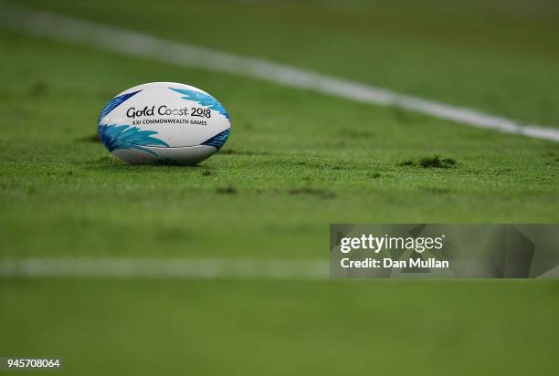 The match ball is seen during the Rugby Sevens Women's Pool B match between Fiji and Wales on day nine of the Gold Coast 2018 Commonwealth Games at...