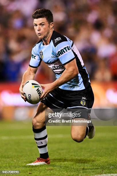 Chad Townsend of the Sharks runs the ball during the round six NRL match between the St George Illawarra Dragons and the Cronulla Sharks at WIN...