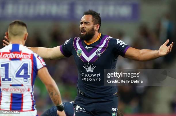 Jesse Bromwich of the Storm reacts during the round six NRL match between the Melbourne Storm and the Newcastle Knights at AAMI Park on April 13,...