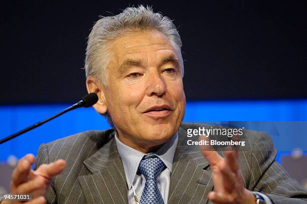 Peter Brabeck-Letmathe, chairman and chief executive officer of Nestle SA, speaks during a session on day two of the World Economic Forum in Davos,...
