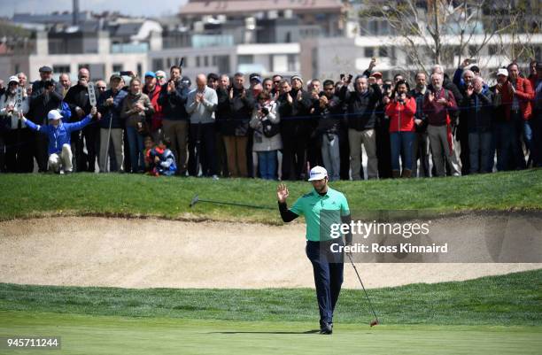 Jon Rahm of Spain reacts after his putt on the first green during day two of the Open de Espana at Centro Nacional de Golf on April 13, 2018 in...