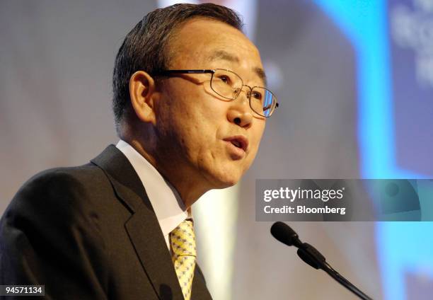 Ban Ki-moon, United Nations secretary-general, participates in a panel entitled ''Time is Running Out for Water'' on day two of the World Economic...