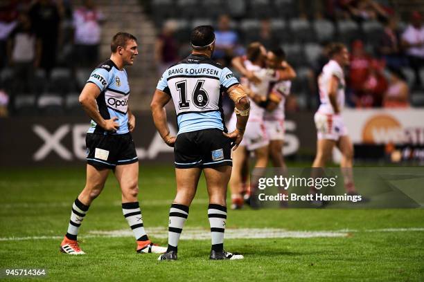 Sharks players show their dejection after defeat during the round six NRL match between the St George Illawarra Dragons and the Cronulla Sharks at...