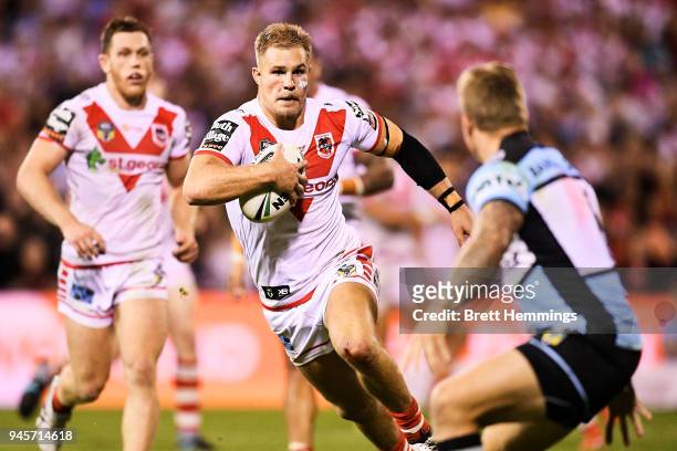 Jack De Belin of the Dragons runs the ball during the round six NRL match between the St George Illawarra Dragons and the Cronulla Sharks at WIN...