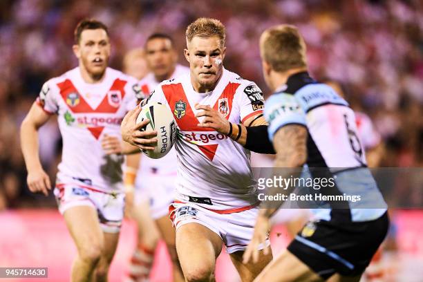 Jack De Belin of the Dragons runs the ball during the round six NRL match between the St George Illawarra Dragons and the Cronulla Sharks at WIN...
