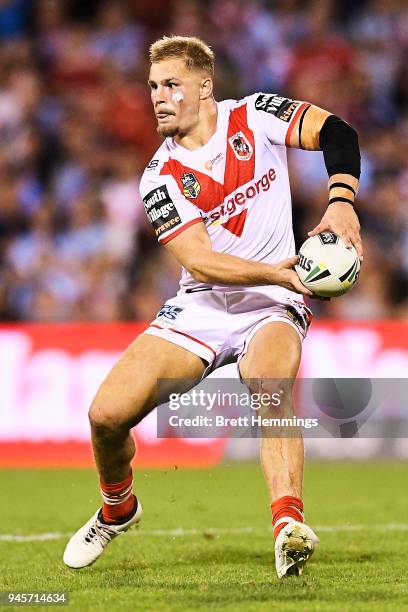 Jack De Belin of the Dragons runs the ball during the round six NRL match between the St George Illawarra Dragons and the Cronulla Sharks at WIN...