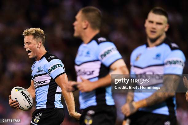 Matthew Moylan of the Sharks reacts during the round six NRL match between the St George Illawarra Dragons and the Cronulla Sharks at WIN Stadium on...