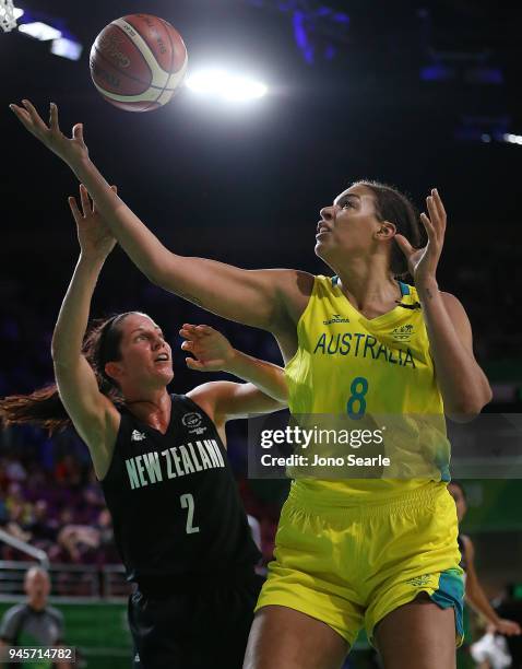 Liz Cambage of Australia competes in the Women's semi-final match between New Zealand and Australia during Basketball on day nine of the Gold Coast...