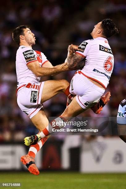 Ben Hunt of the Dragons and Gareth Widdop of the Dragons collide during the round six NRL match between the St George Illawarra Dragons and the...