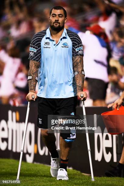 Andrew Fafita of the Sharks looks on during the round six NRL match between the St George Illawarra Dragons and the Cronulla Sharks at WIN Stadium on...