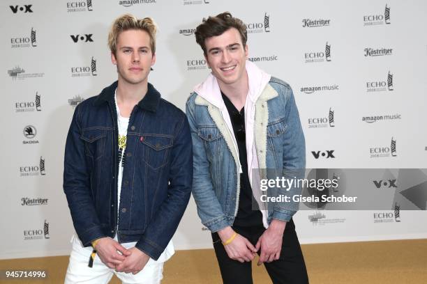 Dorian Lauduique, Cesar Laurent de Rummel of the band Ofenbach arrives for the Echo Award at Messe Berlin on April 12, 2018 in Berlin, Germany.