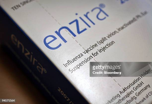 Ltd.'s Enzira seasonal flu vaccine sits on display at a Boots pharmacy in Holborn, London, U.K., on Thursday, Nov. 8, 2007. Seasonal flu strikes 5...
