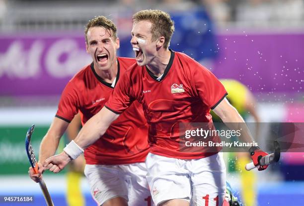 Ian Sloan of England celebrates scoring a goal in the semi final match between Australia and England during Hockey on day nine of the Gold Coast 2018...