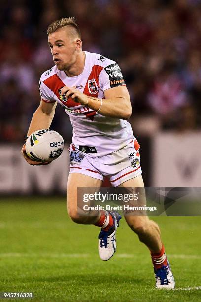 Matthew Dufty of the Dragons runs the ball during the round six NRL match between the St George Illawarra Dragons and the Cronulla Sharks at WIN...