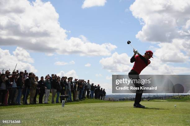 Rafa Cabrera-Bello of Spain takes his shot of the 4th tee during day two of the Open de Espana at Centro Nacional de Golf on April 13, 2018 in...