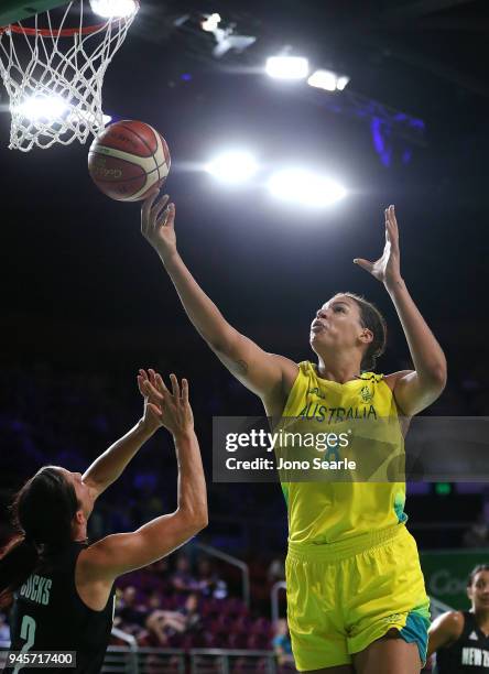 Liz Cambage of Australia competes in the Women's semi-final match between New Zealand and Australia during Basketball on day nine of the Gold Coast...