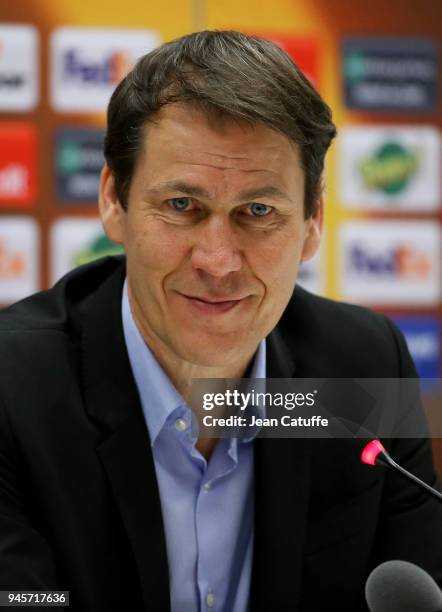 Coach of OM Rudi Garcia anwers to the media following the UEFA Europa League quarter final leg two match between Olympique de Marseille and RB...