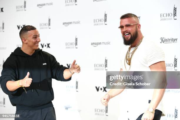 Farid Bang and Kollegah arrive for the Echo Award at Messe Berlin on April 12, 2018 in Berlin, Germany.