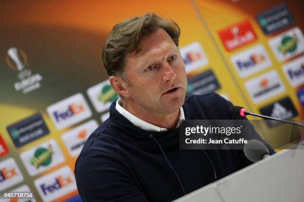 Coach of RB Leipzig Ralph Hasenhuttl anwers to the media following the UEFA Europa League quarter final leg two match between Olympique de Marseille...