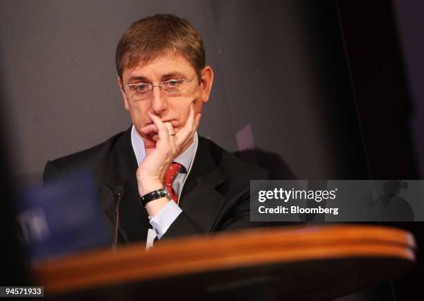 Ferenc Gyurcsany, the prime minister of Hungary, listens during a session called 'Economics' on day one of the World Economic Forum in Davos,...